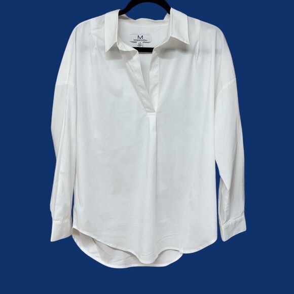 Magaschoni Tunic Top Women Large White Poplin Blouse Collared Split Neck Popover - Picture 2 of 8